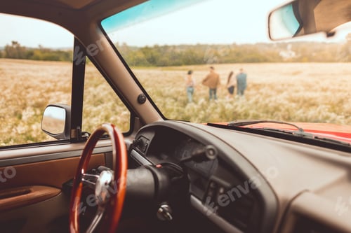 Preview: vintage car interior with people walking by flower field during car trip blurred on background