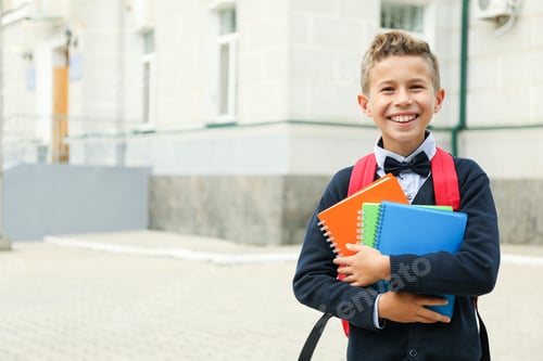 Preview: Boy with copybooks against school building, space for text