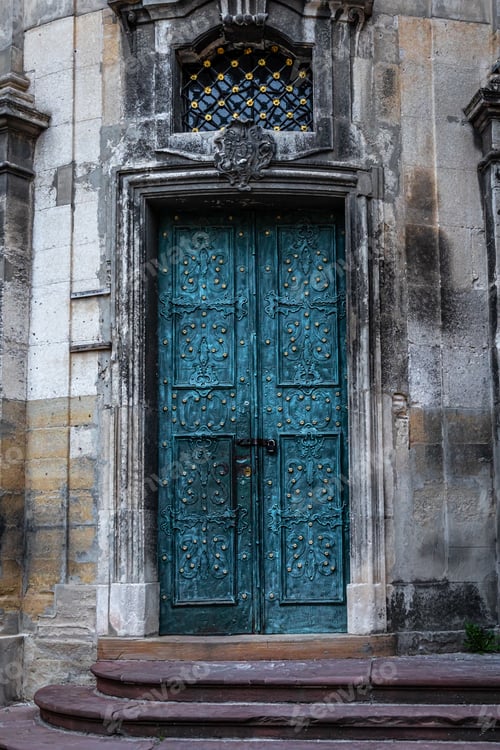 Preview: Ancient doors in the cathedral, turquoise old doors.