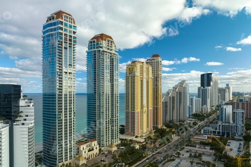 Preview: Aerial view of Sunny Isles Beach city with congested street traffic