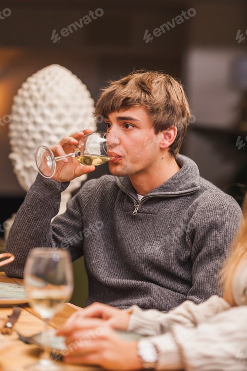 Preview: Young attractive man drinking white wine at restaurant