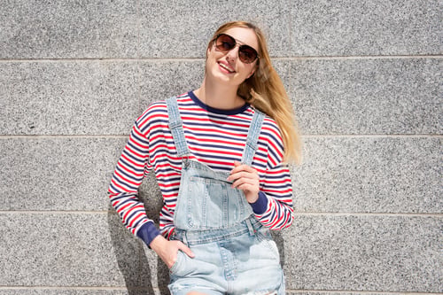 Preview: happy teenager girl with sunglasses and suspenders posing by wall