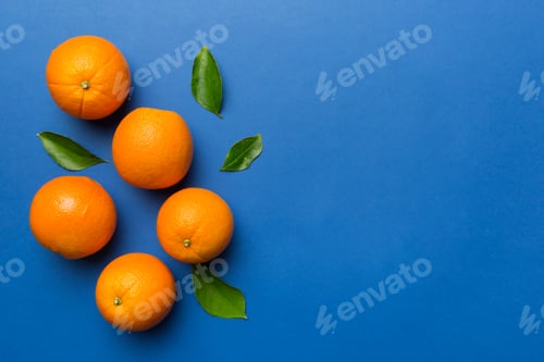 Preview: fresh Fruit orange slices on colored background. Top view. Copy Space