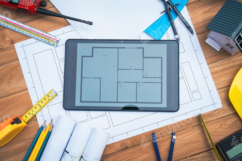 Preview: Top view desk of Engineer tools meticulously designs structures at desk, referring to blueprints