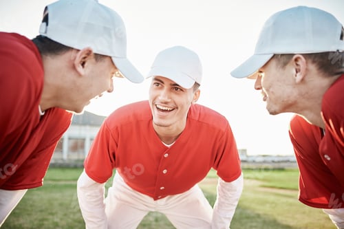 Preview: Team, planning or baseball player with a strategy in training workout match or softball game field
