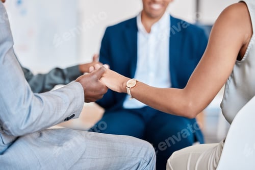 Preview: Team, support group and business people holding hands in support and trust circle in a meeting at t