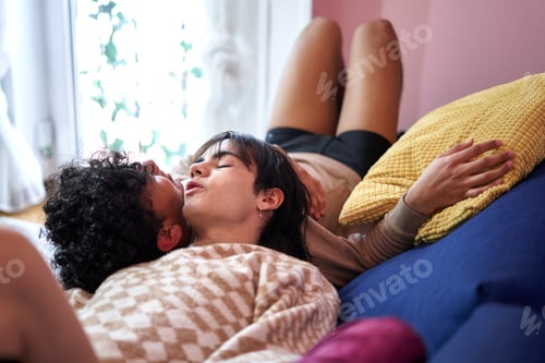 Preview: Passionate sexual gay couple in an intimate moment lying on the sofa at home