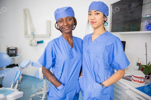 Preview: Two female doctors in the dental office, colleagues of different ethnicities