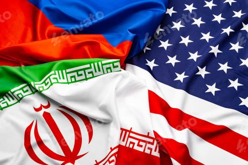 Preview: Flags of Iran, USA and Russia together top view