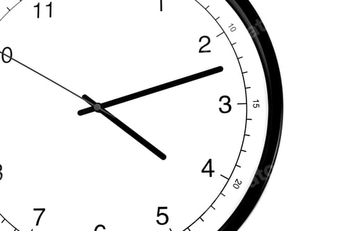 Preview: Part of analogue plain wall clock on white wall background. Four o'clock twelve minutes. Close up