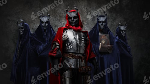 Preview: Occult group of five cultists against dark background