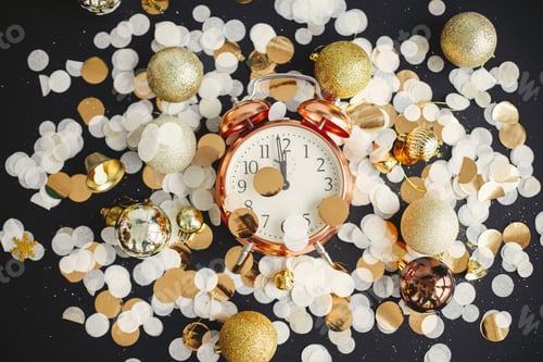 Visualização: Feliz Ano Novo! Relógio retrô estiloso, enfeites de glitter de natal e confetes dourados de formato plano