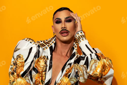 Preview: Portrait of drag queen with fashionable mustache yellow background