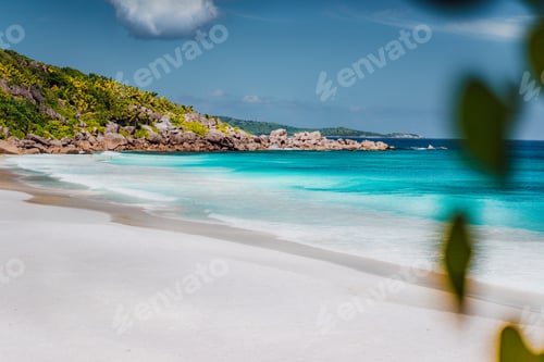 Preview: Petite Anse, La Digue in Seychelles. Tropcial, white sand paradise beach with turquise colored water