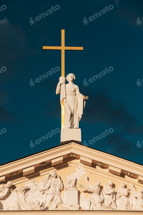 Preview: Vilnius, Lithuania. Close View Of Statue Of St. Helena With Cross On Roof Of Cathedral Basilica Of