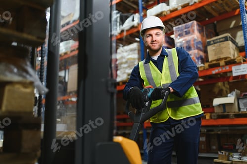 Preview: portrait of a smiling young warehouse worker working in a cash and carry wholesale store