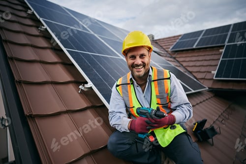 Preview: Happy professional solar system installer on the roof looking at camera.