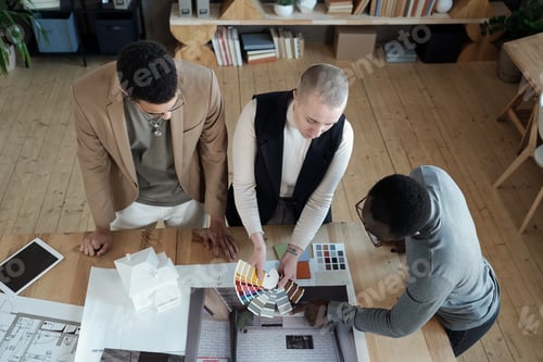 Preview: Two designers of interior showing color palette to African male client