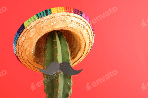 Preview: Cactus with Mexican sombrero hat and fake mustache on red background. Space for text