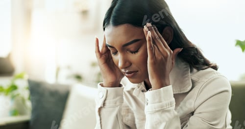 Preview: Indian woman, stress and headache in home for pain, burnout and depression on sofa with head massag