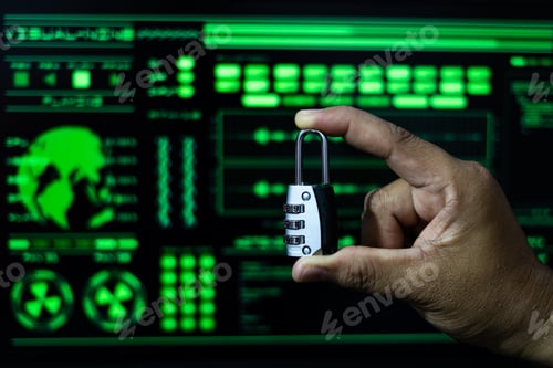 Preview: Cyber Security concept - hand with a padlock on the hacker screen background