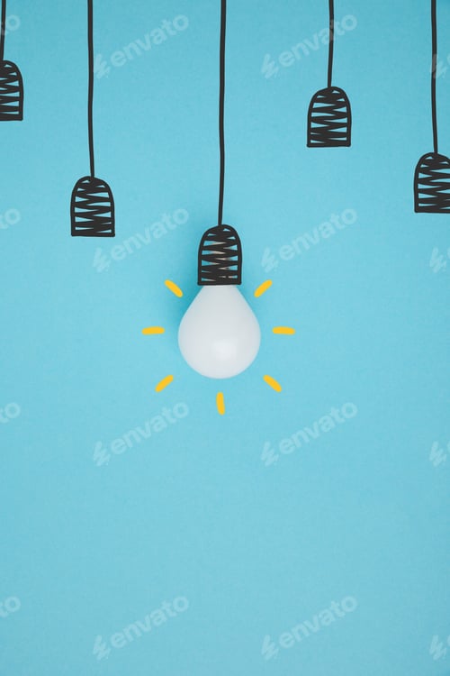 Preview: top view of light bulb pretending hanging on lamp holder isolated on blue
