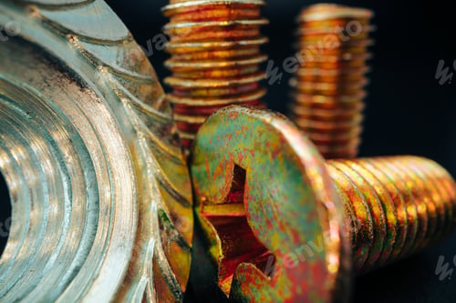 Preview: Iron screw bolts on black background close up