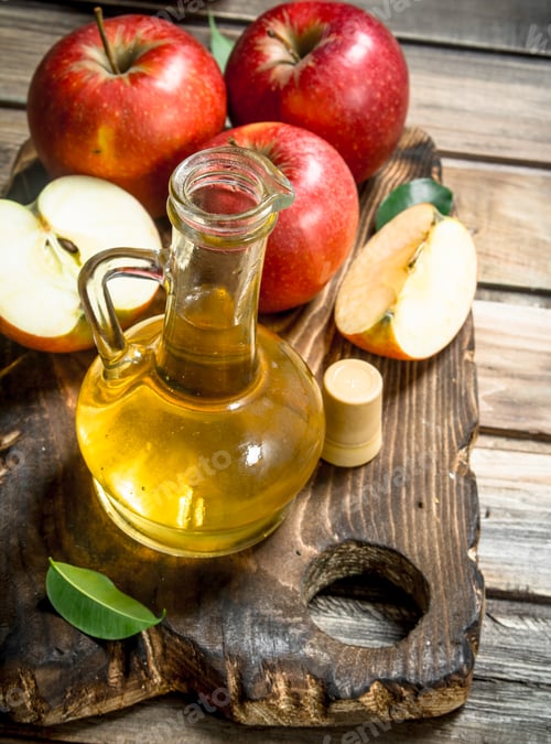 Preview: Apple cider vinegar with fresh red apples on a cutting Board.