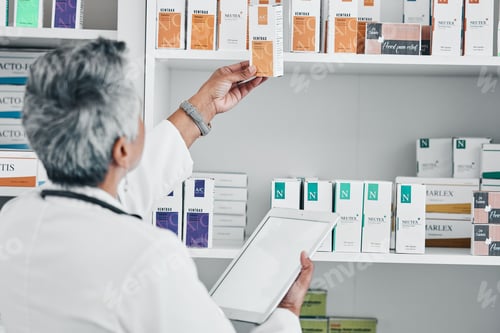 Preview: Pharmacy, tablet and mockup with senior woman in store for healthcare, wellness or retail. Product,