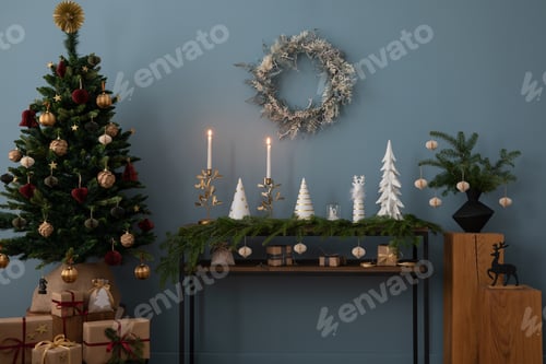 Preview: Cozy and stylish christmas living room interior with Christmas wreath. Template.