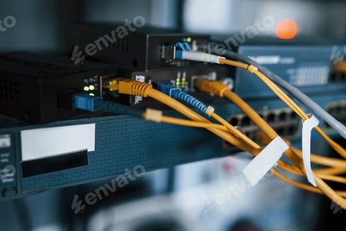Preview: Close up view of internet equipment and cables in the server room