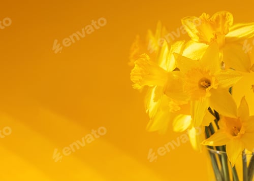 Preview: Daffodils flowers standing in a transparent vase against yellow wall
