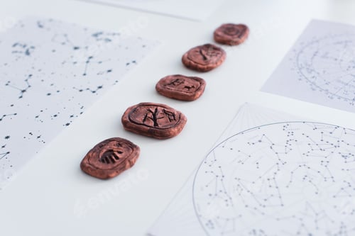 Preview: clay runes near star charts on white surface