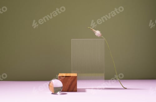 Preview: Abstract creative podium platform from various natural materials, dark green purple background