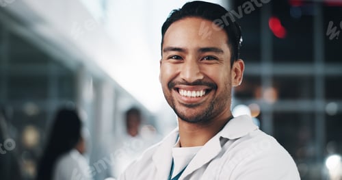 Preview: Healthcare, doctor and night with portrait of man at expo for medical innovation, expert and breakt