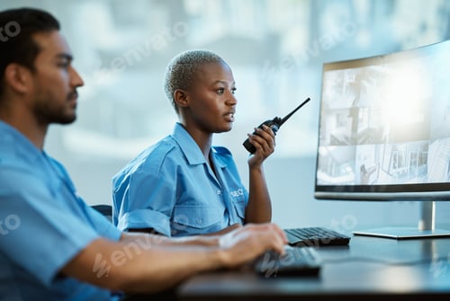 Preview: Security guard, safety and control room with a radio and computer monitor for surveillance. Man and