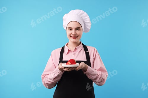 Preview: Confectioner with delicious dessert on light blue background