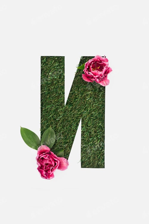 Preview: cut out cyrillic letter made of green grass with leaves and pink peonies isolated on white