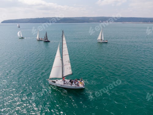 Preview: Aerial view of sailing yachts regatta race on sea near Varna in Bulgaria, Black sea