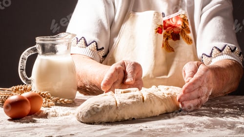 Preview: Photo of flour and women hands with flour. Cooking bread. Kneading the Dough