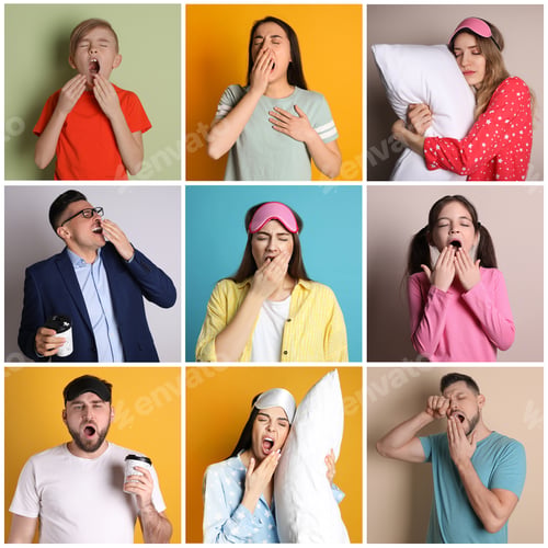 Preview: Sleepy people yawning on different color backgrounds, collage