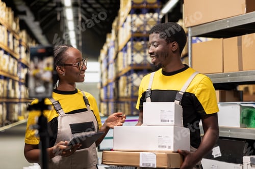 Preview: Black workers presenting e-commerce large business activity on vlog