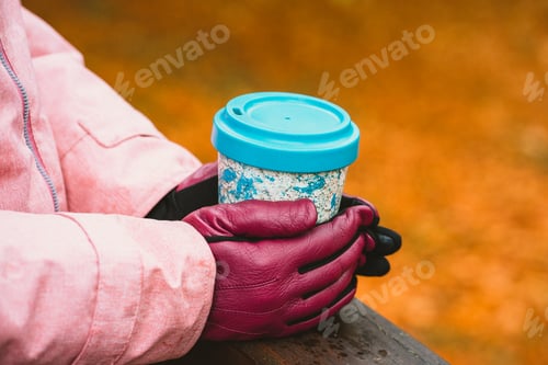 Preview: Hands in gloves holds a cup of herbal tee with defocused autumn golden colored leaves in background