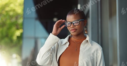 Preview: Black woman, street and glasses for business, travel or commute in city for job at creative agency.