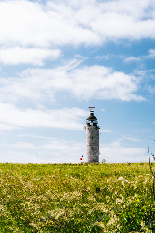 Preview: Vertical shot of a grassy field with a lighthouse in the distance under a cloudy sky in France