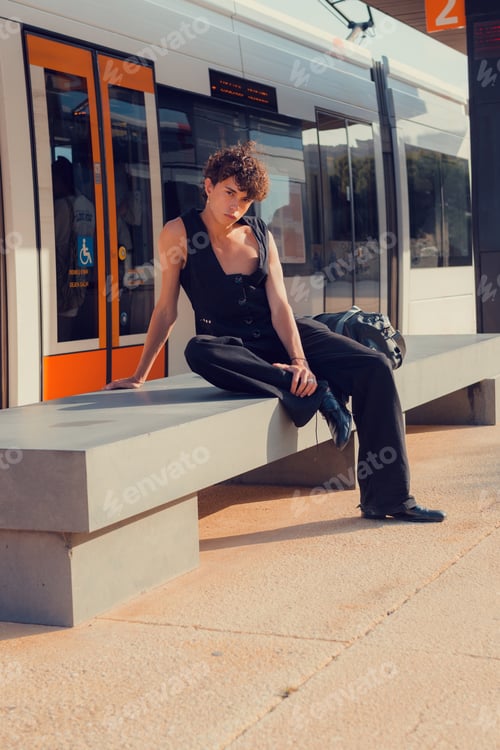 Preview: Young homosexual fashionable man poses in a station with a bag