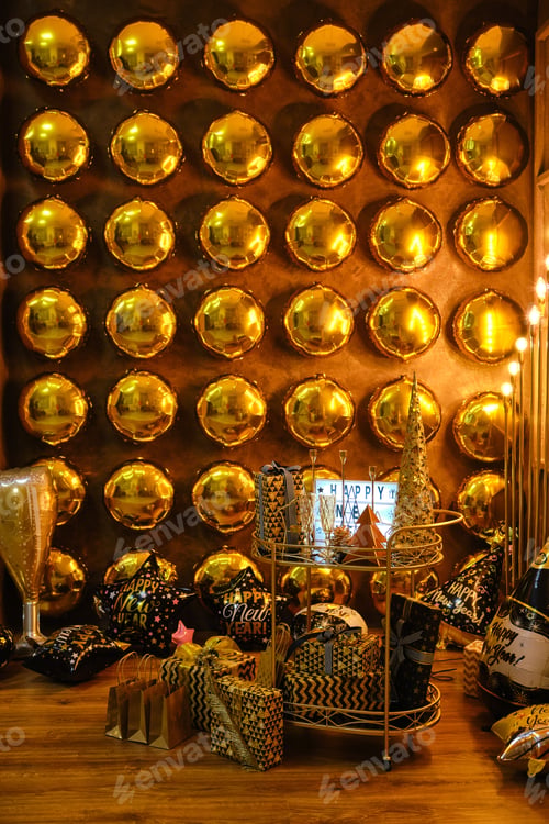 Preview: Golden glass table with Christmas decor, many gift boxes
