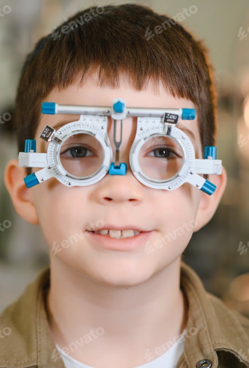 Preview: Child undergoing vision diagnostics with phoropter during ophthalmological examination