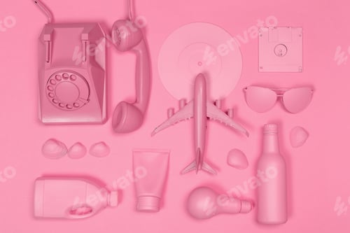 Preview: Collection of pink objects including a toy airplane, vintage phone, and sunglasses