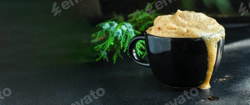 Preview: Cup Of Coffee And Spruce On The Table, New Year Mood Concept Serving Size. Food Background Top View